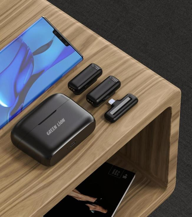 Green Lion 2 in 1 Wireless Microphone with (Type-C Connector ) - مايكروفون لاسلكي ٢ في ١ من شركة قرين لايون بمنفذ تايب سي
