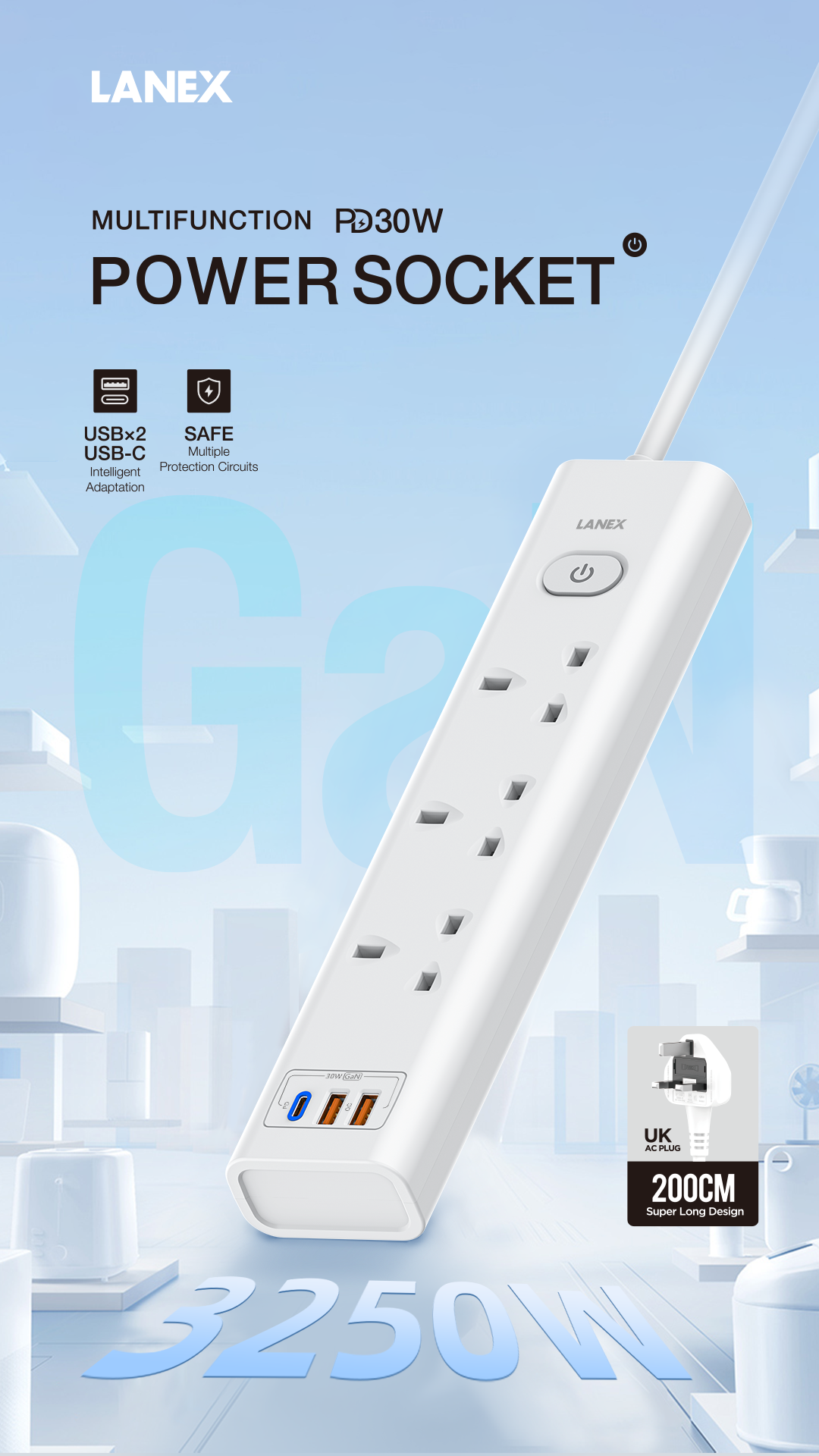 LANEX LC68U GAN PD30W Multifunction Power Socket 3250W 2M (UK PLUG) - WHITE