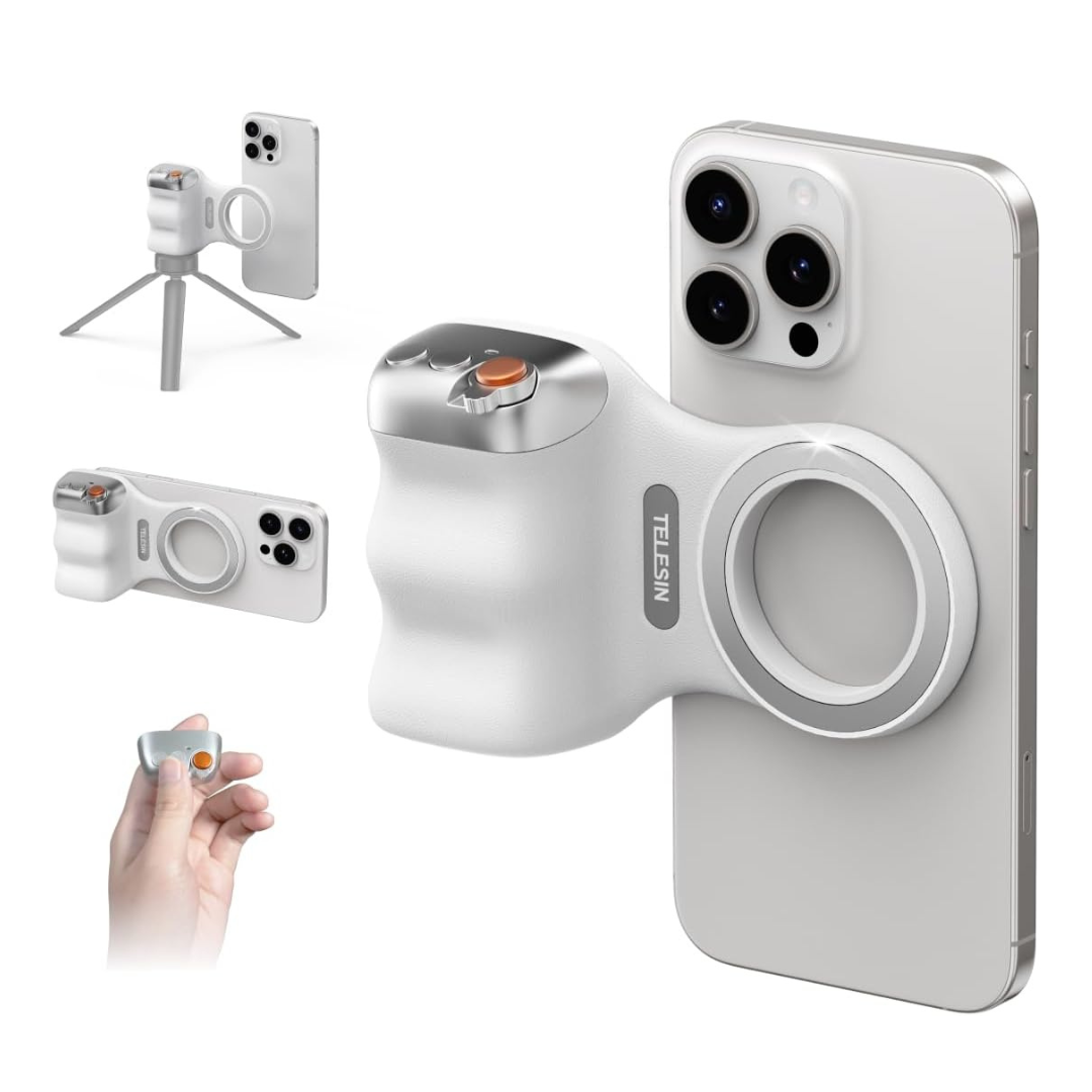 TELESIN Fun Shot Magnetic Phone Camera DSLR Style Shutter Grip for iPhone & Android with Detachable Wireless Shutter Button - MFI Certified - 1/4" Screw - Comfort Ergonomic Camera Grip Handle Holder