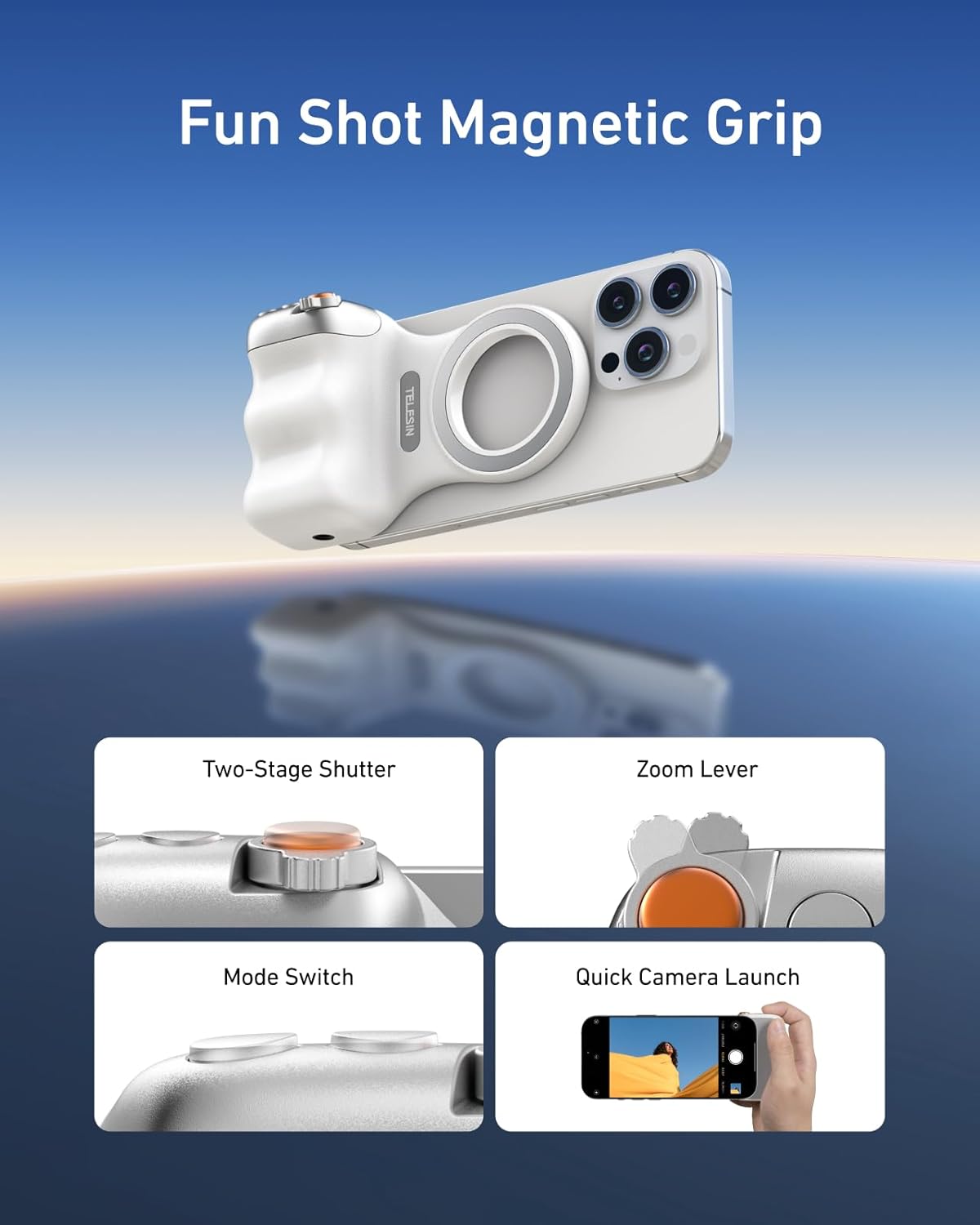 TELESIN Fun Shot Magnetic Phone Camera DSLR Style Shutter Grip for iPhone & Android with Detachable Wireless Shutter Button - MFI Certified - 1/4" Screw - Comfort Ergonomic Camera Grip Handle Holder