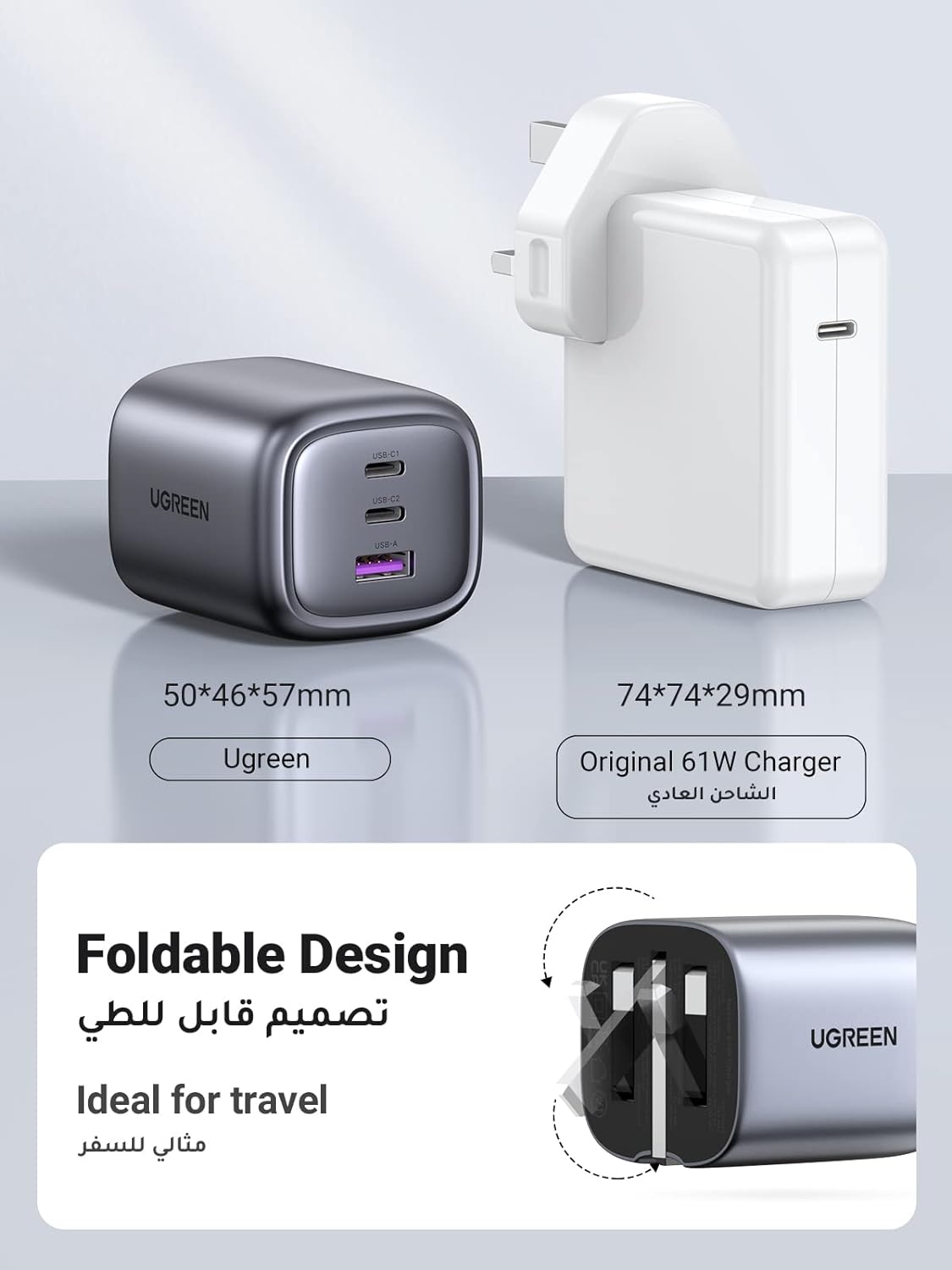 Ugreen Nexode 65W USB C Wall Charger - 3 Ports Space( Gray)