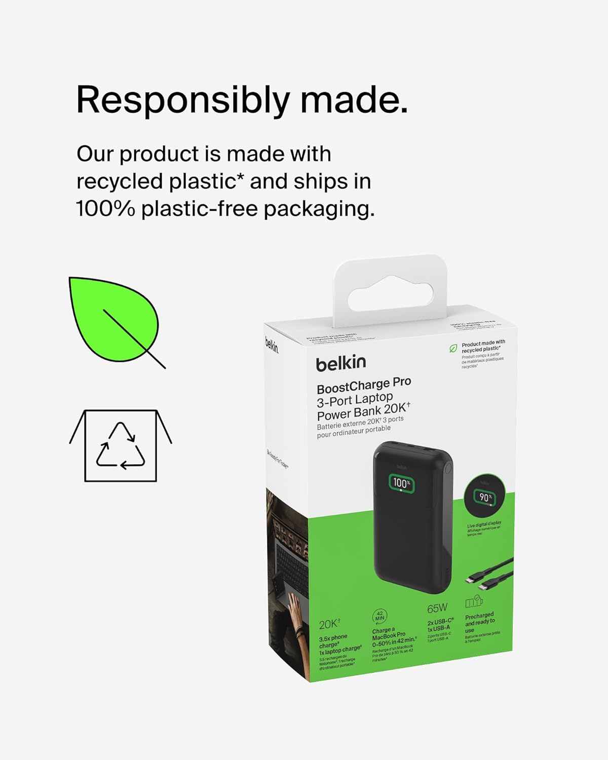 بنك طاقة Belkin BoostCharge ثلاثي المنافذ لأجهزة الكمبيوتر المحمولة 20K مع منافذ USB-C وUSB-A