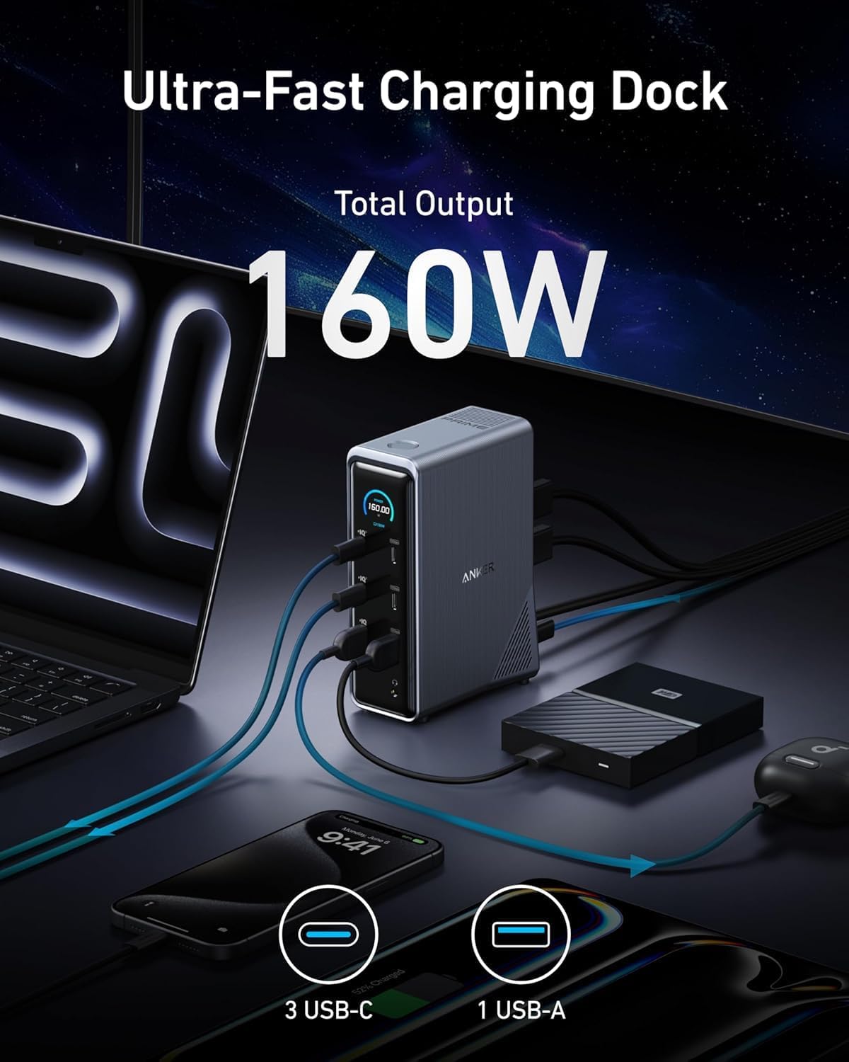Anker Prime Charging Docking Station (14-in-1 Dual Display 160W) - Gray
