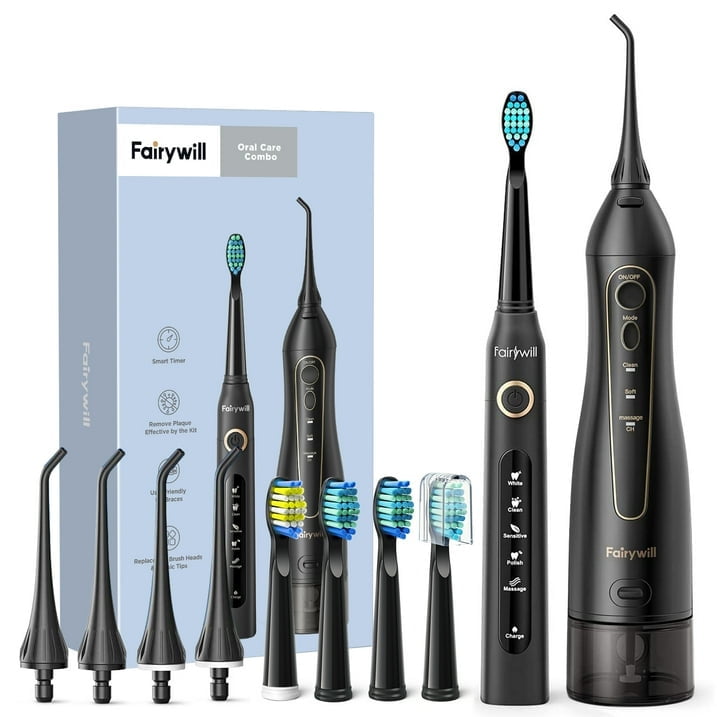 مجموعة فرشاة أسنان Fairywill 5020E المائية وفرشاة أسنان E11 - طقم الخيط المائي وفرشاة أسنان كهربائية
