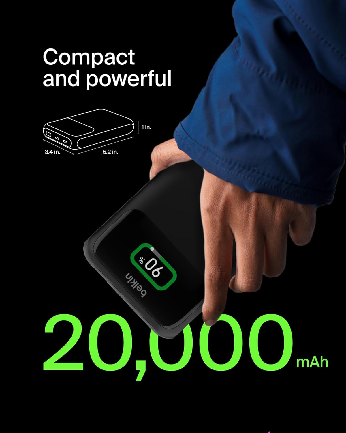 بنك طاقة Belkin BoostCharge ثلاثي المنافذ لأجهزة الكمبيوتر المحمولة 20K مع منافذ USB-C وUSB-A