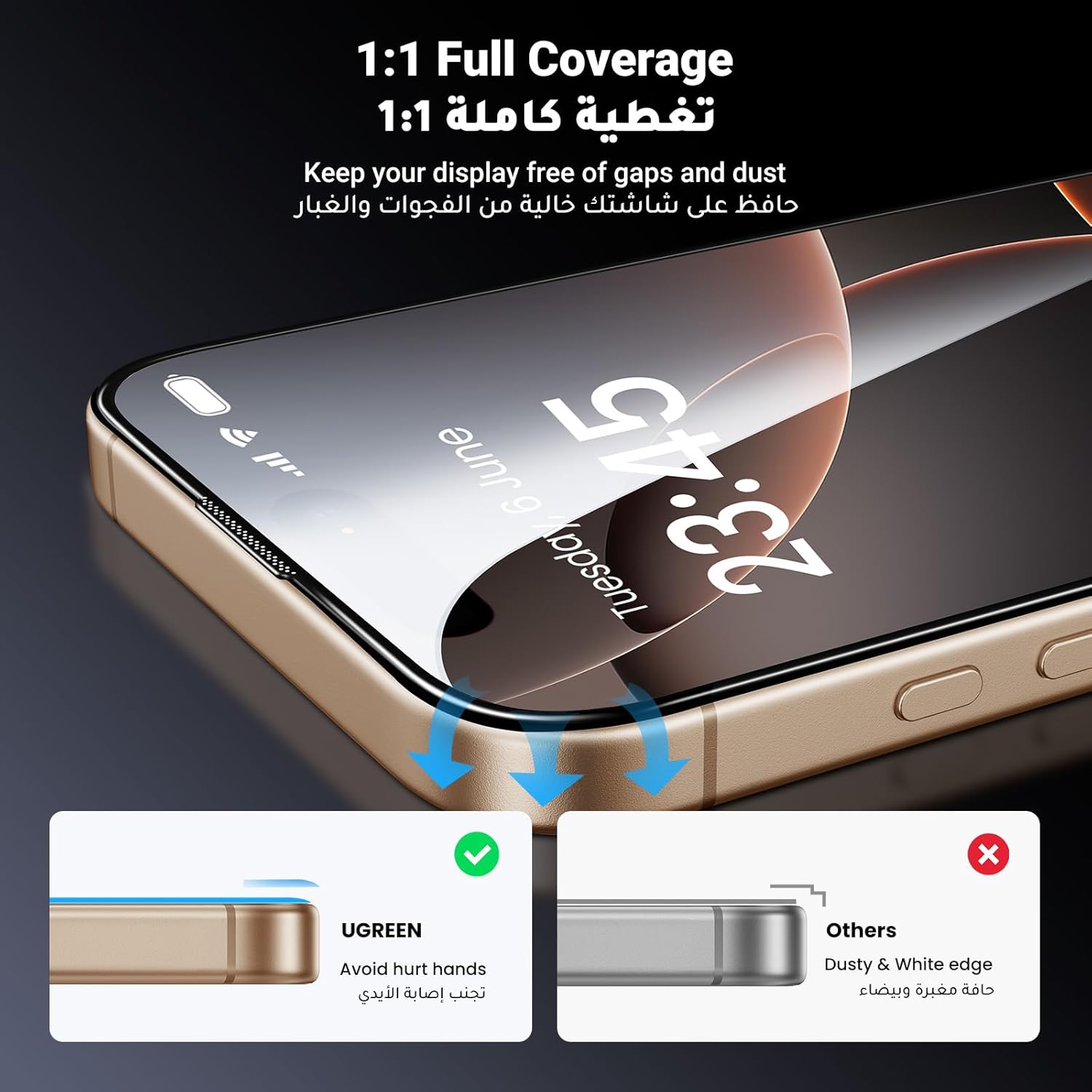 واقي شاشة Ugreen من قطعتين لهاتف iPhone 16 Pro / Pro Max بتغطية كاملة 6.9 بوصة عالي الدقة سهل التركيب بإطار حماية من الدرجة العسكرية مقاوم للخدش ومضاد لبصمات الأصابع - شفاف