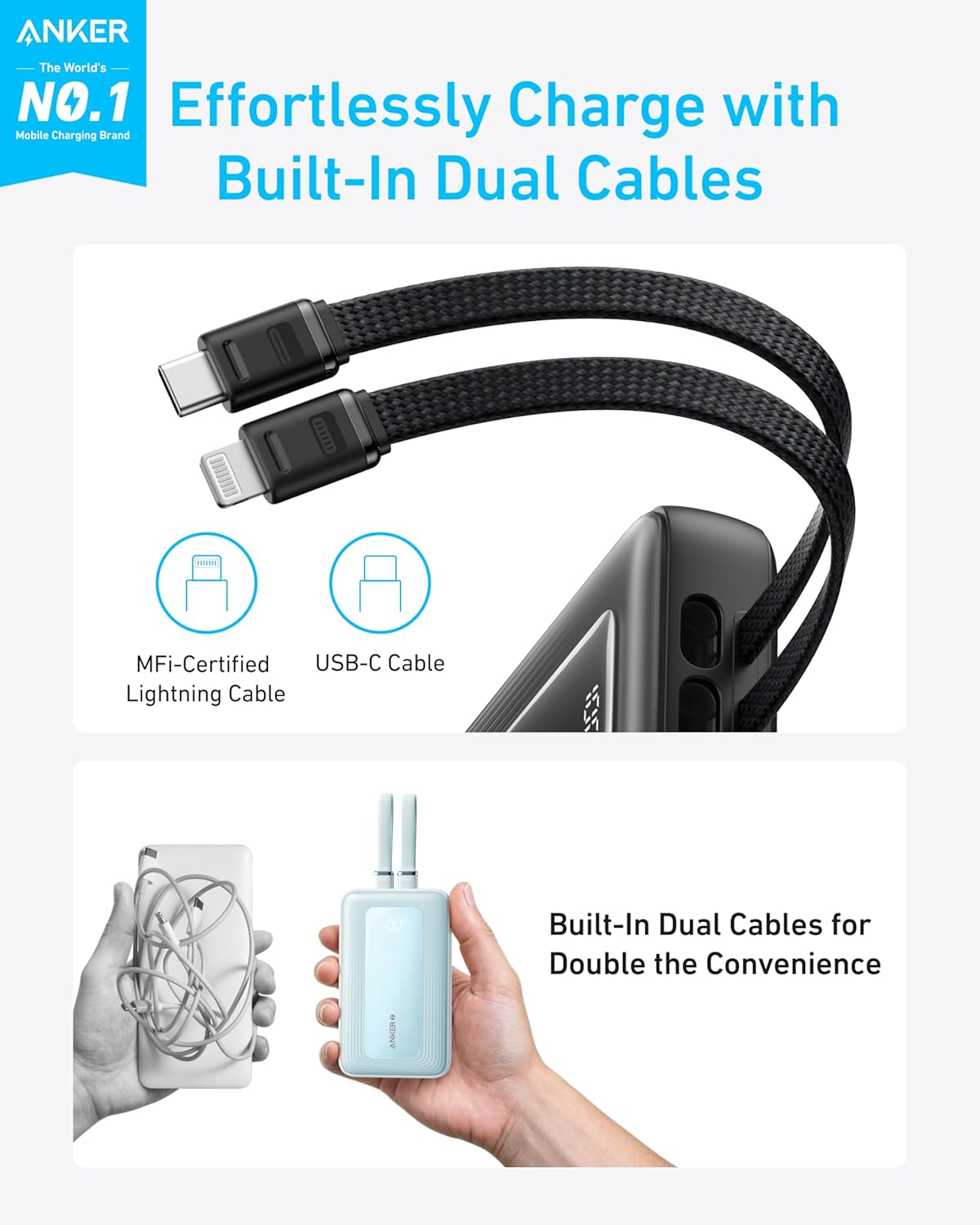 Anker Zolo Power Bank, 10000mAh 30W with Built-in USB-C and MFi Certified Lightning Cable