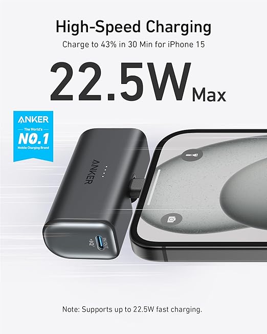 Anker iPhone 16 Portable Charger, Nano Power Bank with Built-in USB C Connector, 5,000mAh Portable Charger 22.5W, for iPhone 16/15 Series, Samsung S22/23 Series, iPad Pro/Air, AirPods, and More