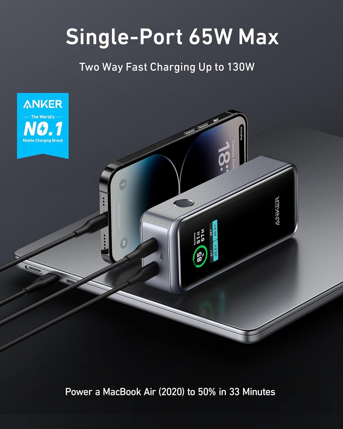 Anker Prime 12,000mAh 130W Power Bank, 65W USB-C Single-Port Max, Smart Display, Active Shield 2.0