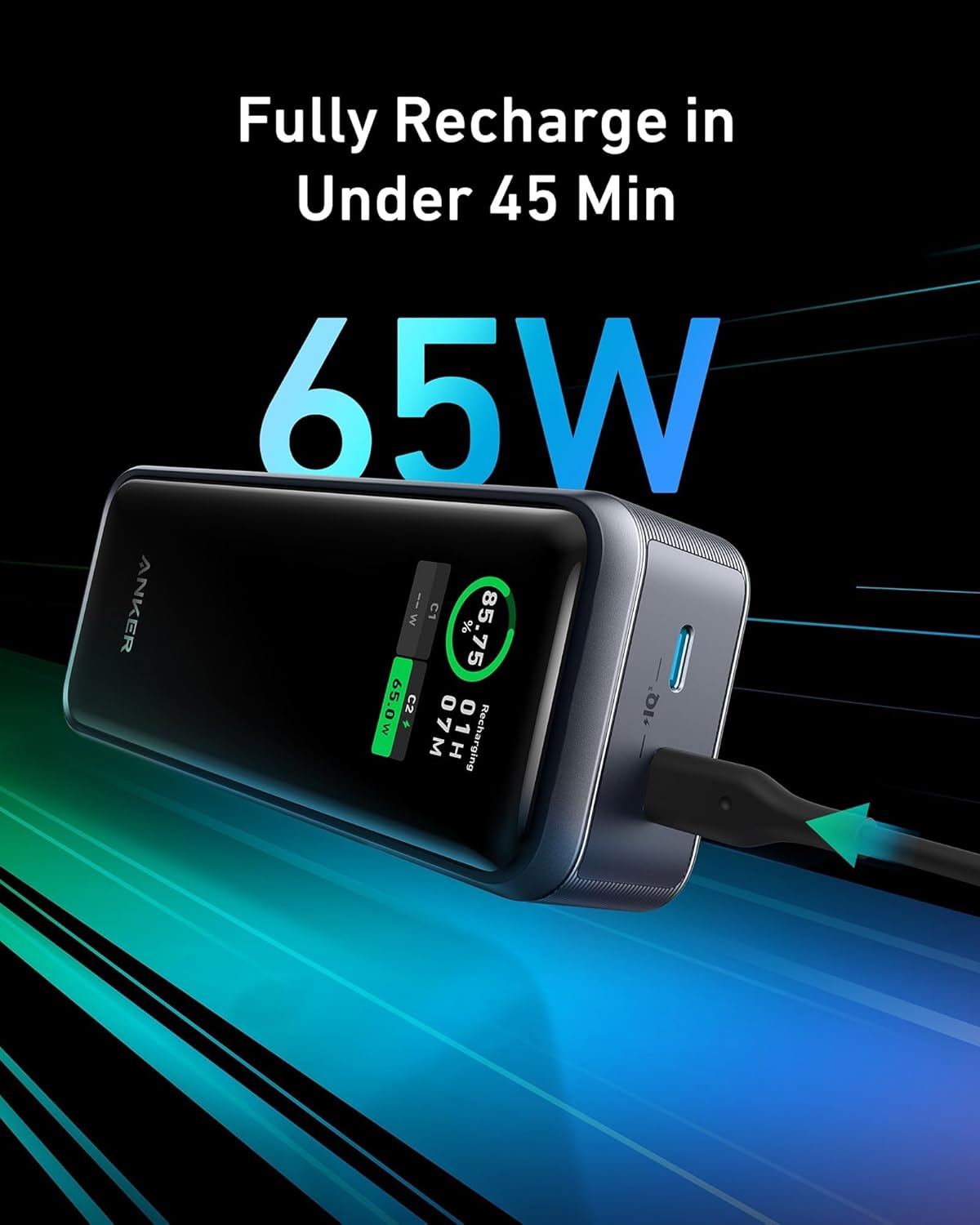 Anker Prime 12,000mAh 130W Power Bank, 65W USB-C Single-Port Max, Smart Display, Active Shield 2.0