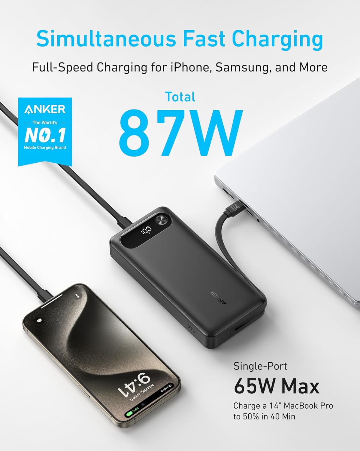 Anker Power Bank, 20000mAh Travel Essential Portable Charger with Built-in USB-C Cable, 3-Port 87W Max Fast Charging Battery Pack, for MacBook - A1383H11