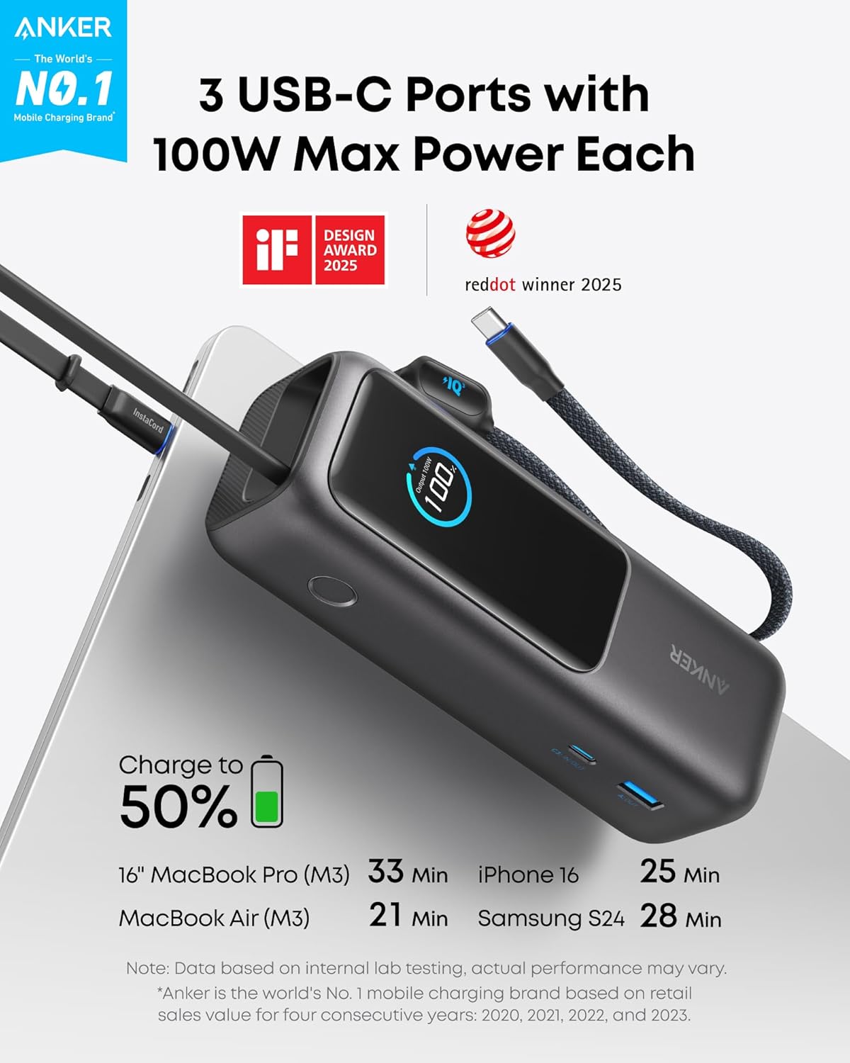Anker 165W Power Bank, 25,000mAh Portable Charger with Triple 100W USB-C Ports, Built-in and Retractable Cables, for iPhone 16/15 Series, MacBook, Samsung, and More (Flight-Approved)