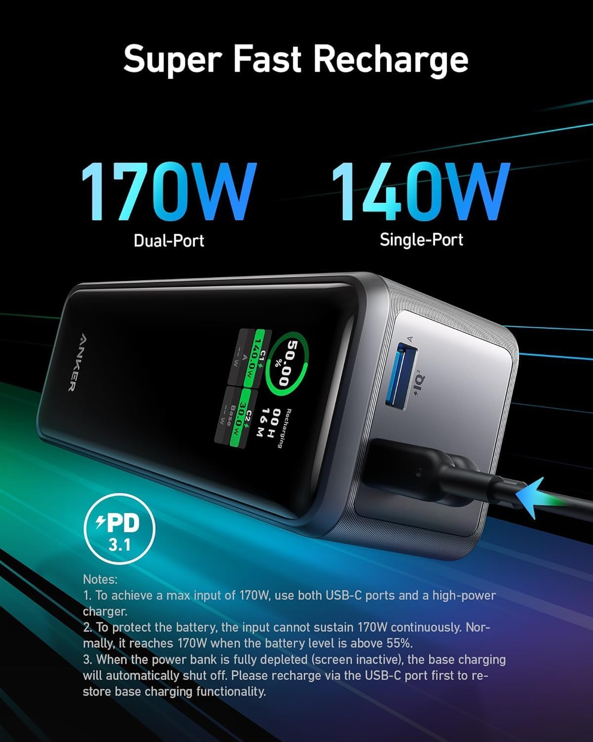 Anker Prime Power Bank, 27,650mAh 3-Port 250W Portable Charger for Travel, TSA-Approved