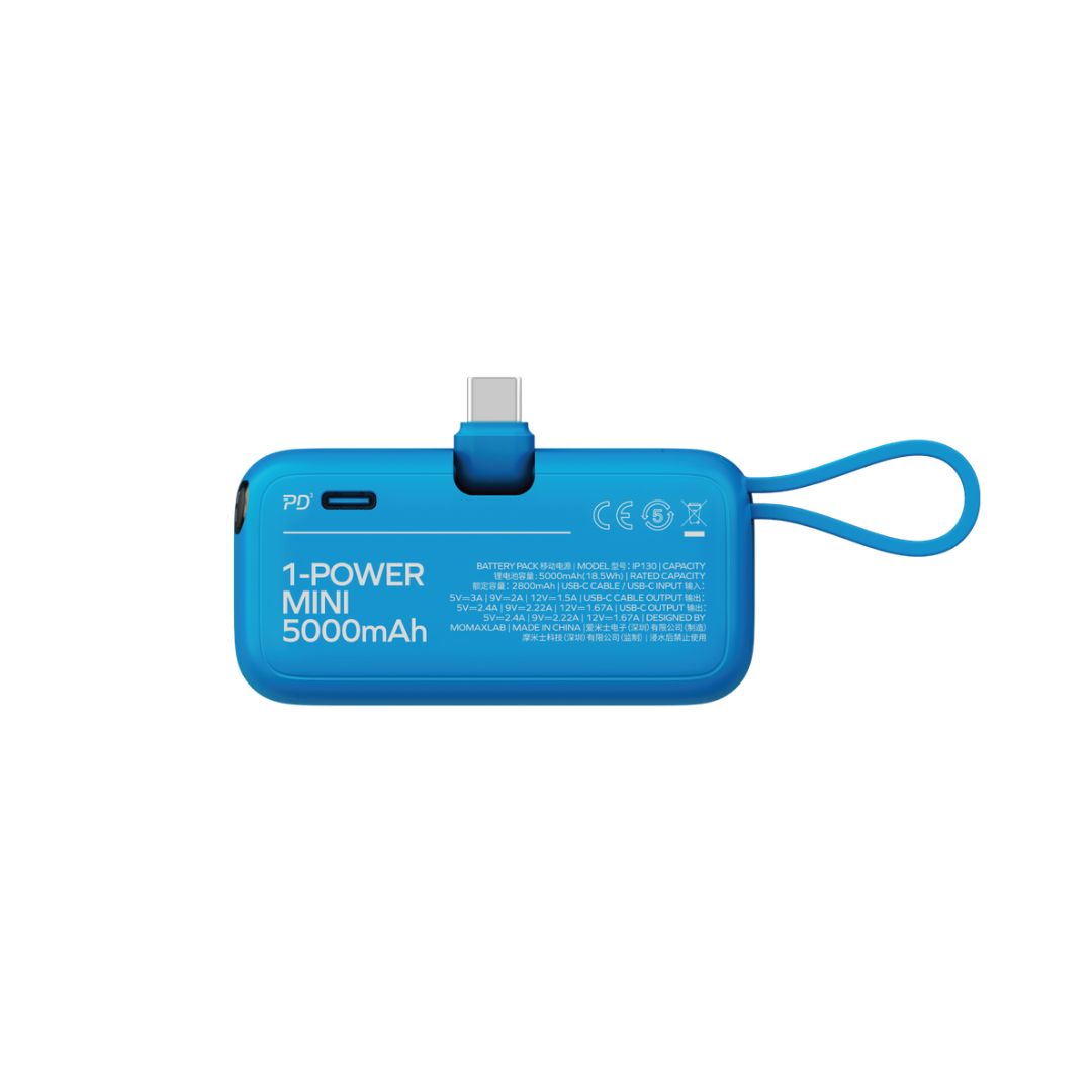 Momax 1-Power Mini 5000mah 3in1 Power Bank with USB-C Plug- Blue