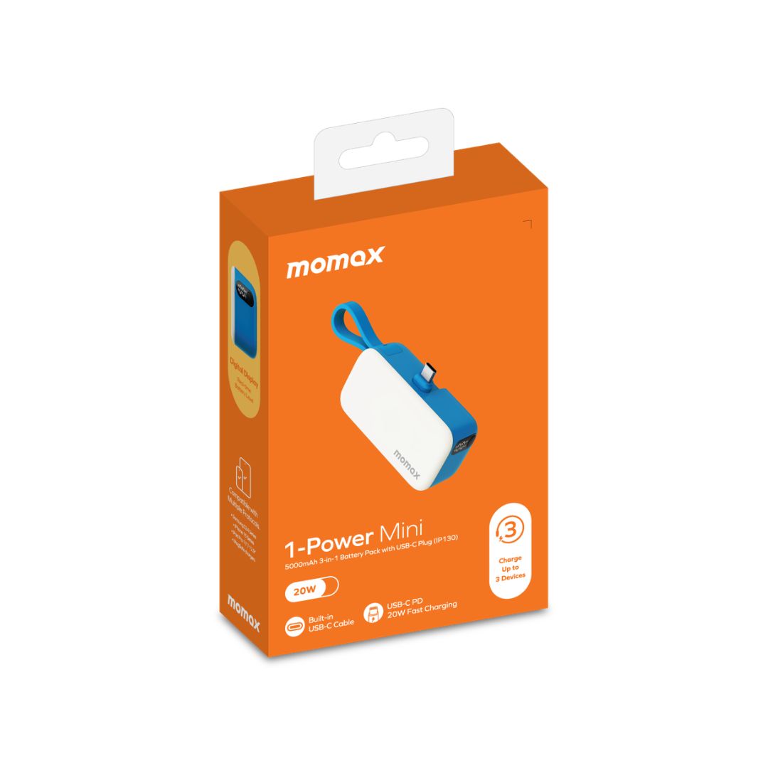 Momax 1-Power Mini 5000mah 3in1 Power Bank with USB-C Plug- Blue