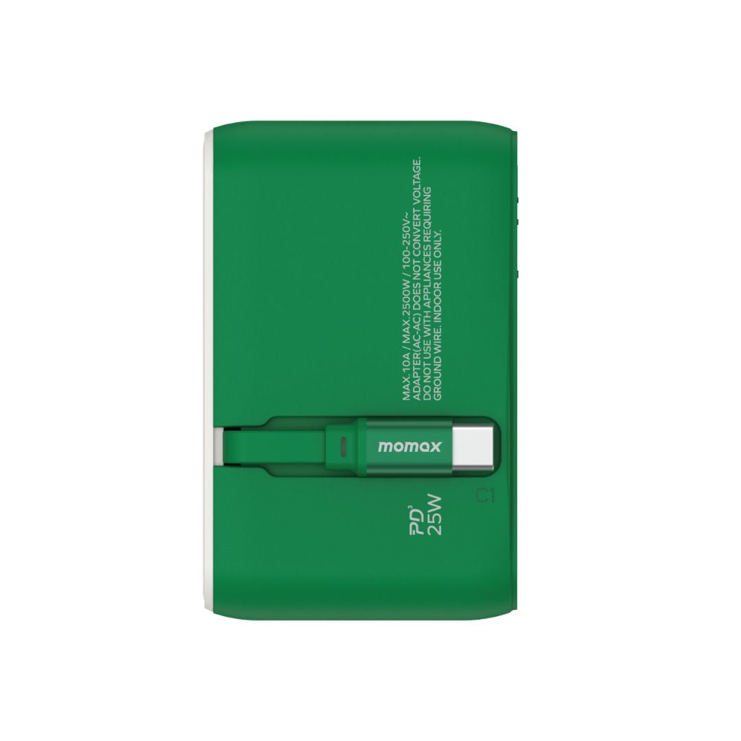Momax 1-World+ 3-Port 25W Travel Charger Built-In USB-C Cable - Green