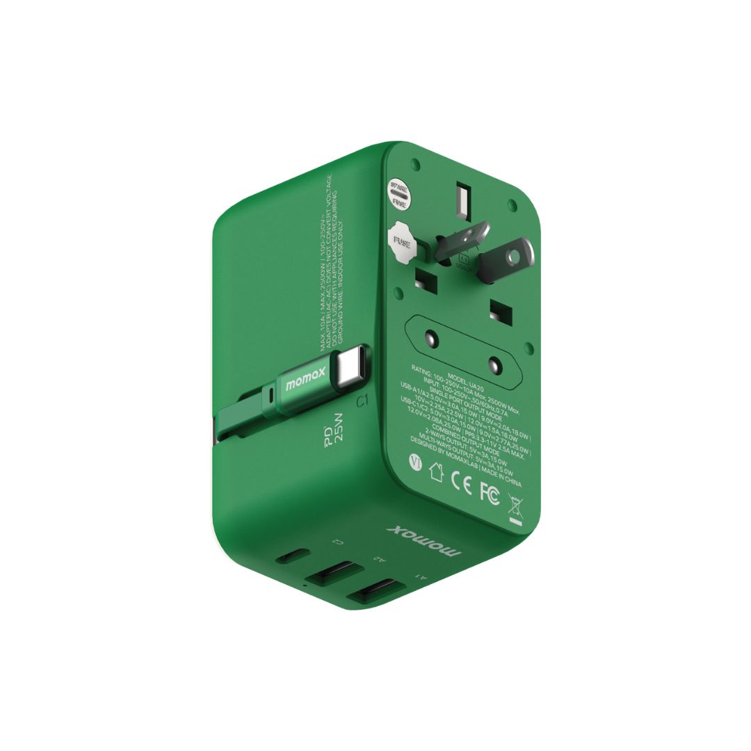 Momax 1-World+ 3-Port 25W Travel Charger Built-In USB-C Cable - Green