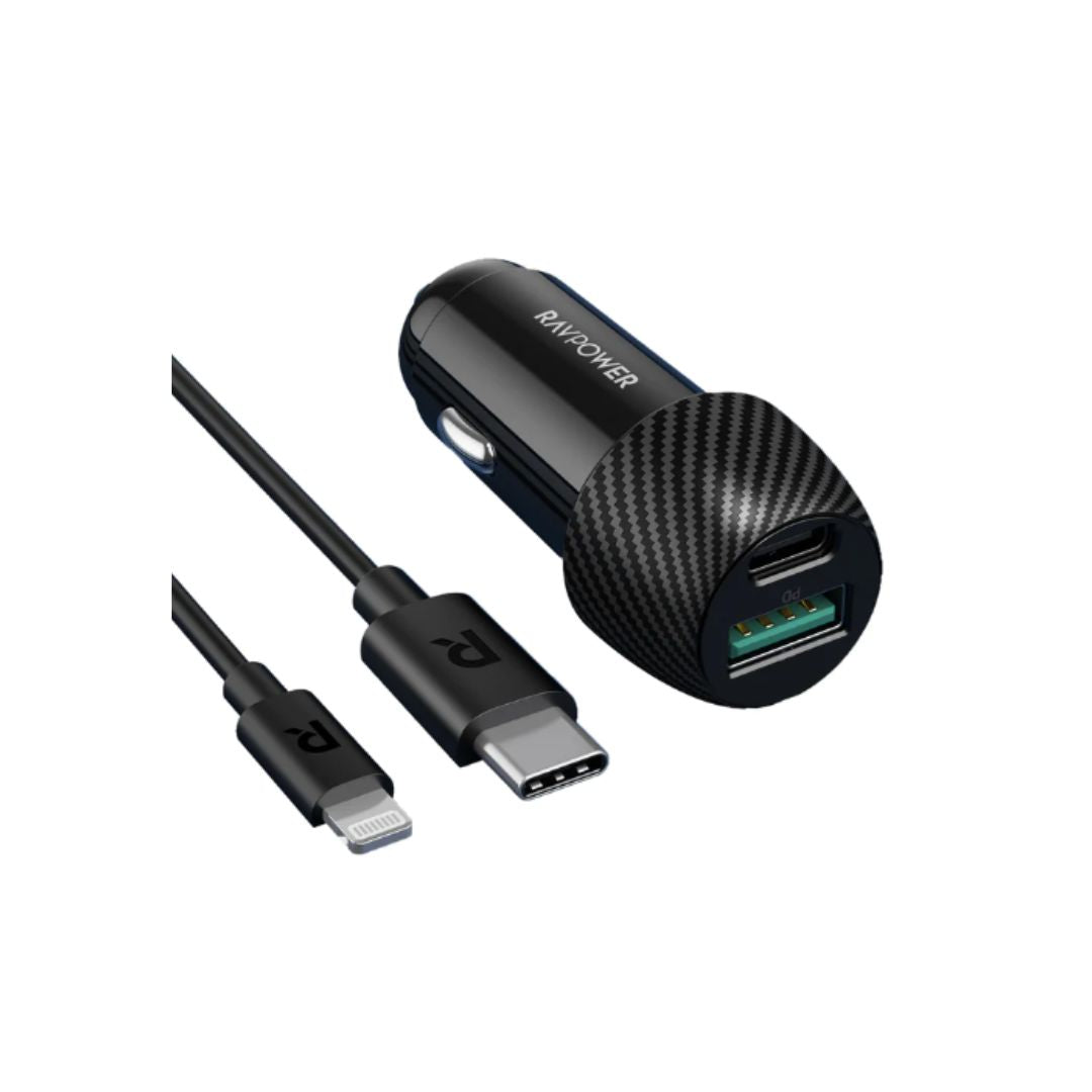 RAVPower VC031 PD Dual Port USB C Car Charger with USB C to Lightning Cable