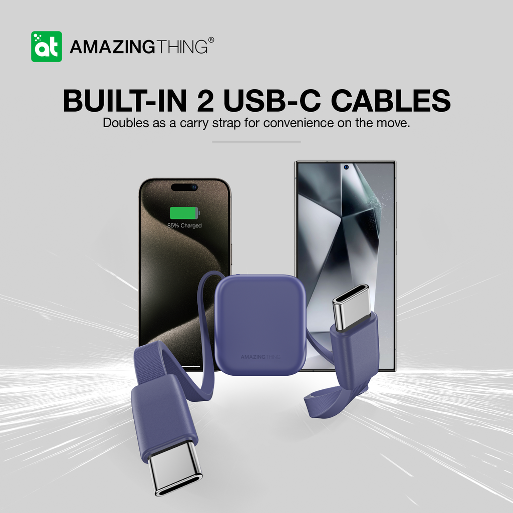 بنك طاقة Thunder Go من Amazing Thing بسعة 10000 مللي أمبير/ساعة مع كابلين USB-C مدمجين - أزرق