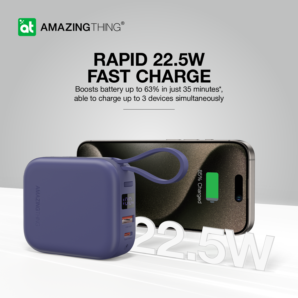 بنك طاقة Thunder Go من Amazing Thing بسعة 10000 مللي أمبير/ساعة مع كابلين USB-C مدمجين - أزرق
