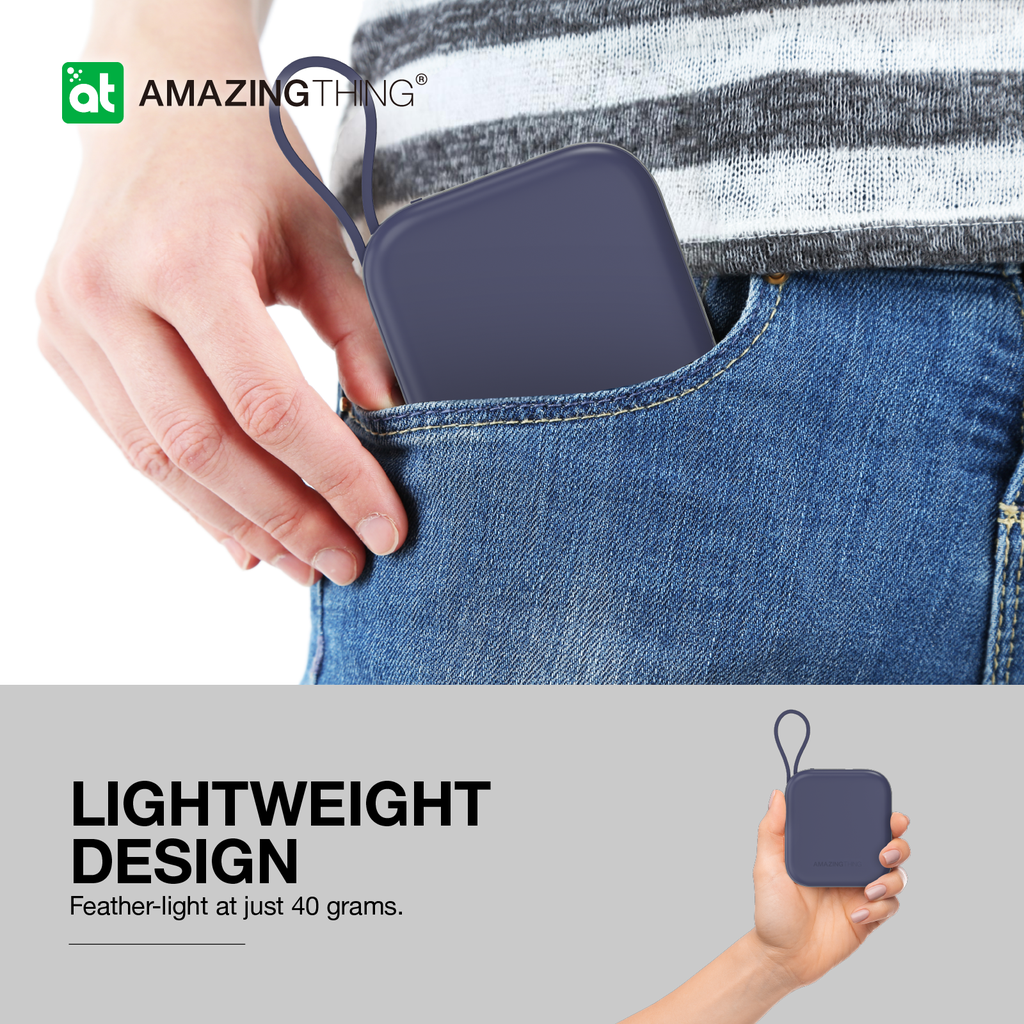 بنك طاقة Thunder Go من Amazing Thing بسعة 10000 مللي أمبير/ساعة مع كابلين USB-C مدمجين - أزرق