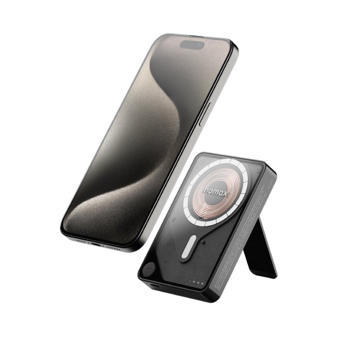 بنك طاقة لاسلكي مغناطيسي من موماكس 1-باور إكس برو+ بسعة 10000 مللي أمبير/ساعة مع كابل USB-C مدمج - أسود