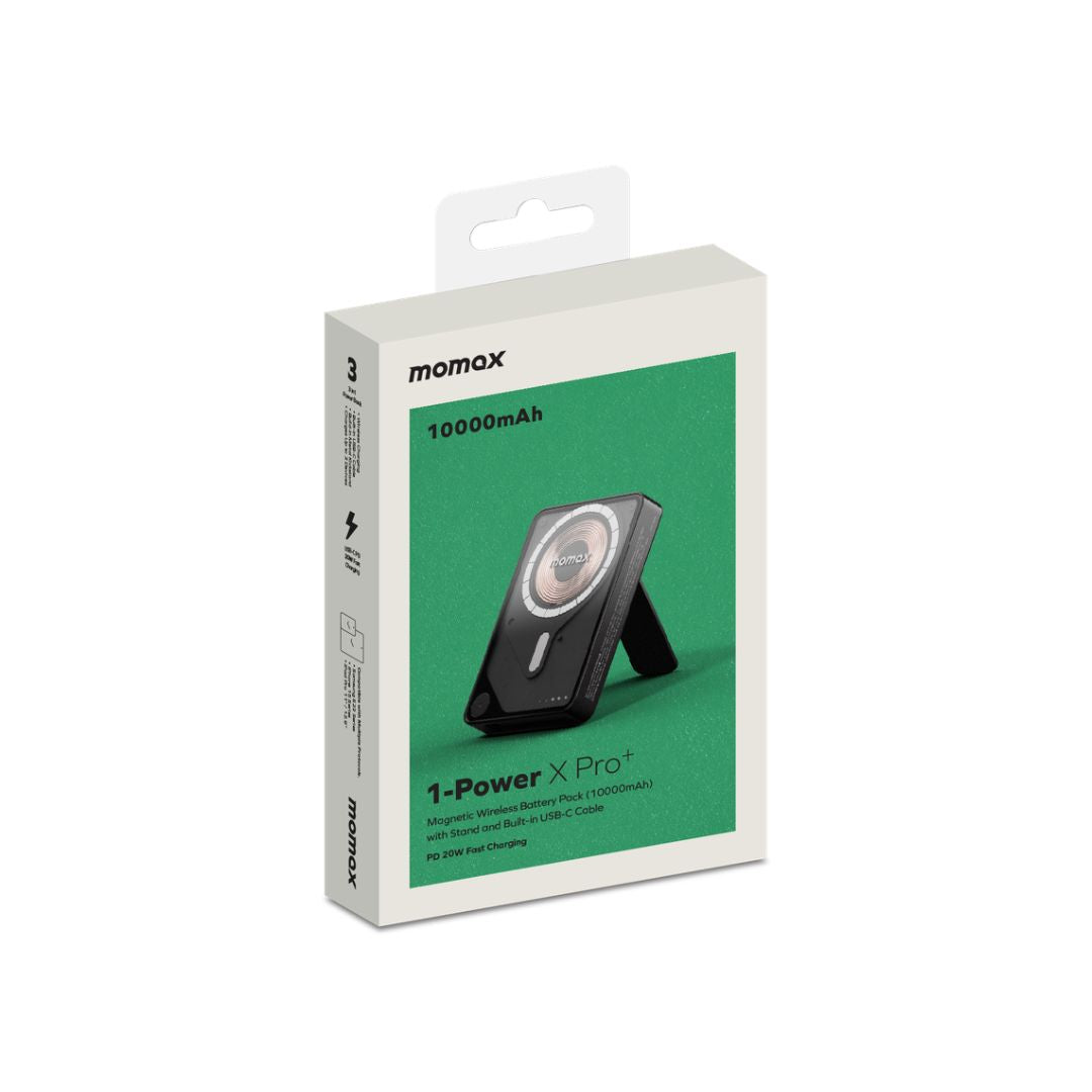 بنك طاقة لاسلكي مغناطيسي من موماكس 1-باور إكس برو+ بسعة 10000 مللي أمبير/ساعة مع كابل USB-C مدمج - أسود