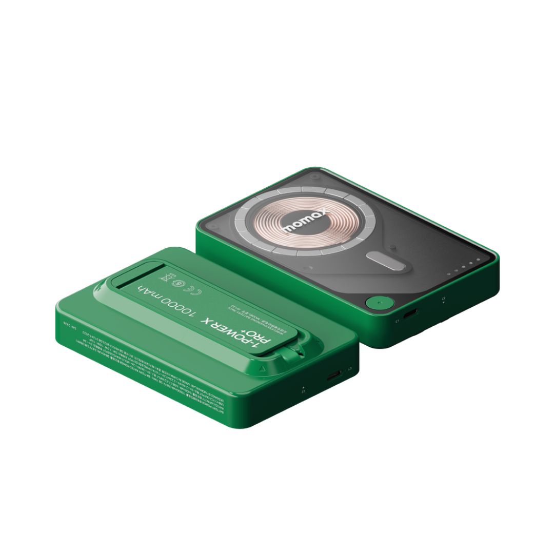بنك طاقة لاسلكي مغناطيسي من موماكس 1-باور إكس برو+ بسعة 10000 مللي أمبير/ساعة مع كابل USB-C مدمج - أخضر