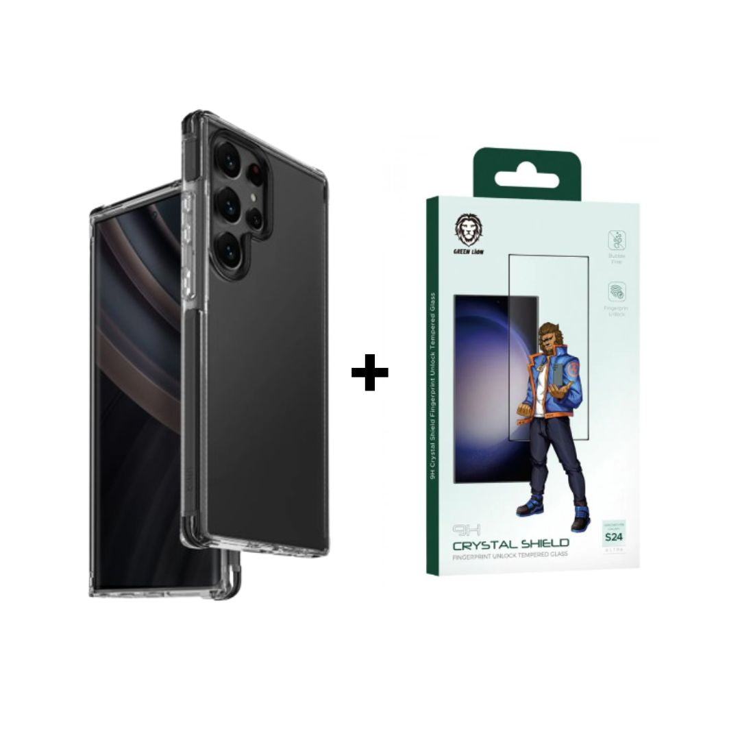 Uniq Hybrid Galaxy S24 Ultra Combat - Carbon + Green Lion S24 9H High Definition Finger Print Unlock Tempered Glass-Clear