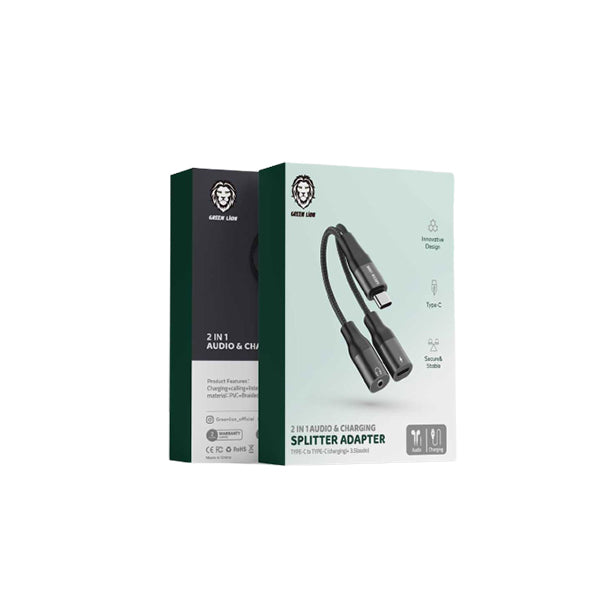 Green Lion 2 in 1 Splitter Adapter ( Type-C to Type-C(Charging) + 3.5MM(Audio)-Black