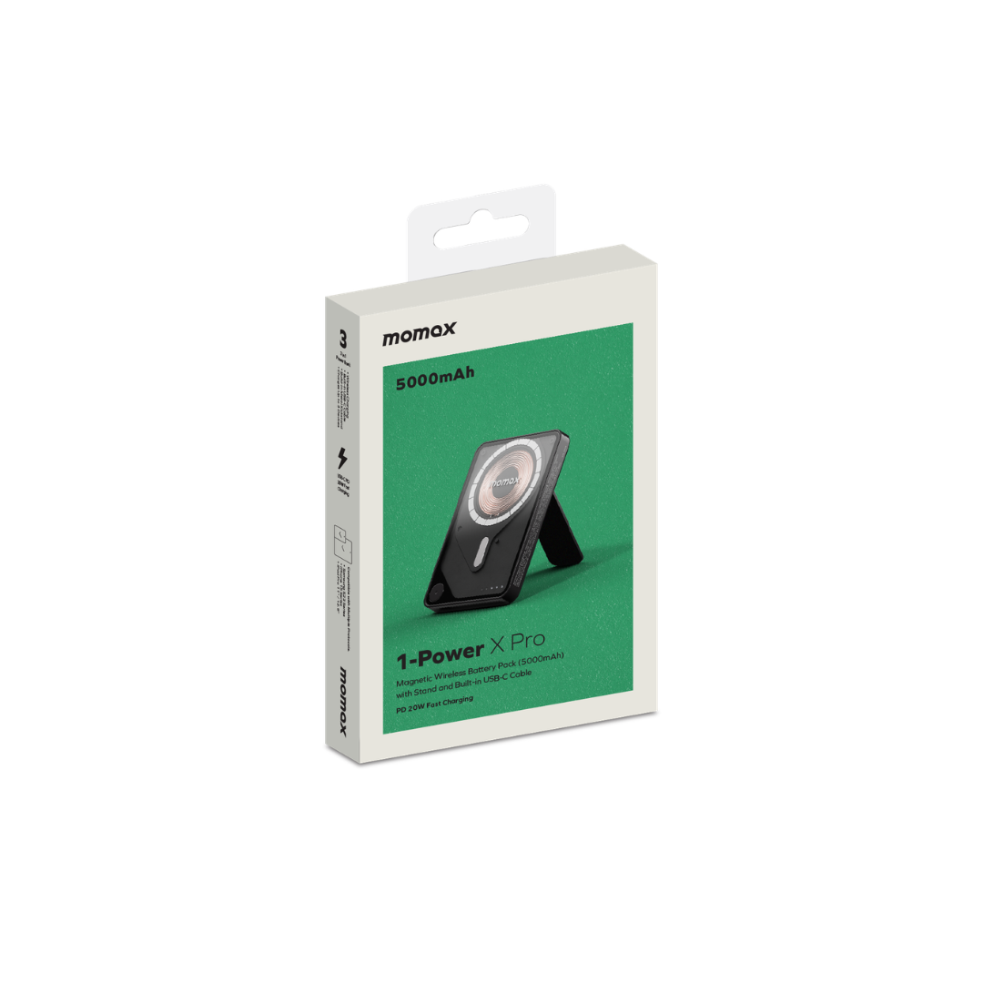 باور بانك لاسلكي مغناطيسي موماكس 1-باور اكس برو بسعة 5000 مللي أمبير/ساعة مع كابل USB-C مدمج - أسود