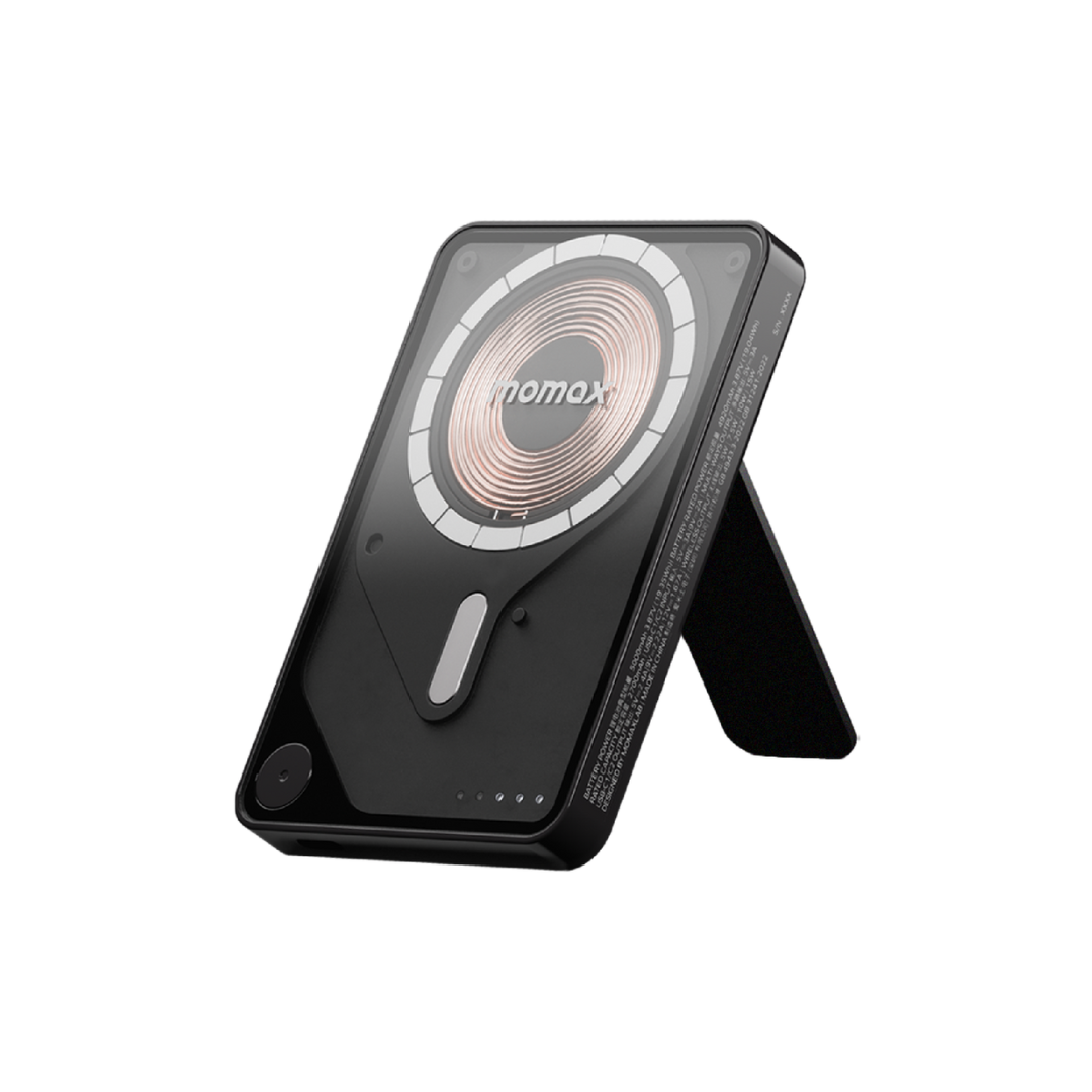 باور بانك لاسلكي مغناطيسي موماكس 1-باور اكس برو بسعة 5000 مللي أمبير/ساعة مع كابل USB-C مدمج - أسود