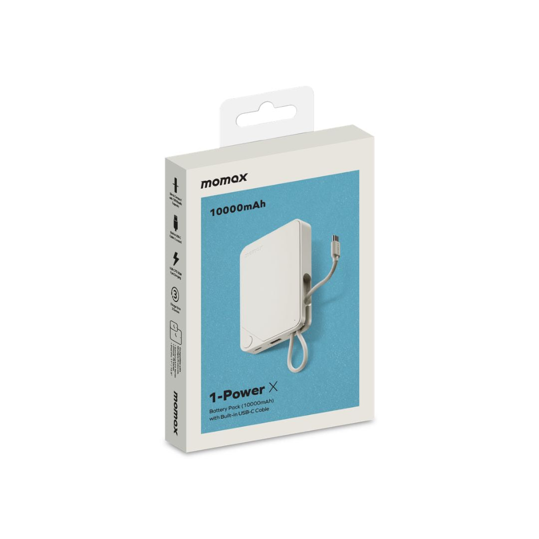 بنك طاقة موماكس 1-باور إكس 10000 مللي أمبير/ساعة مع كابل USB-C مدمج - أبيض