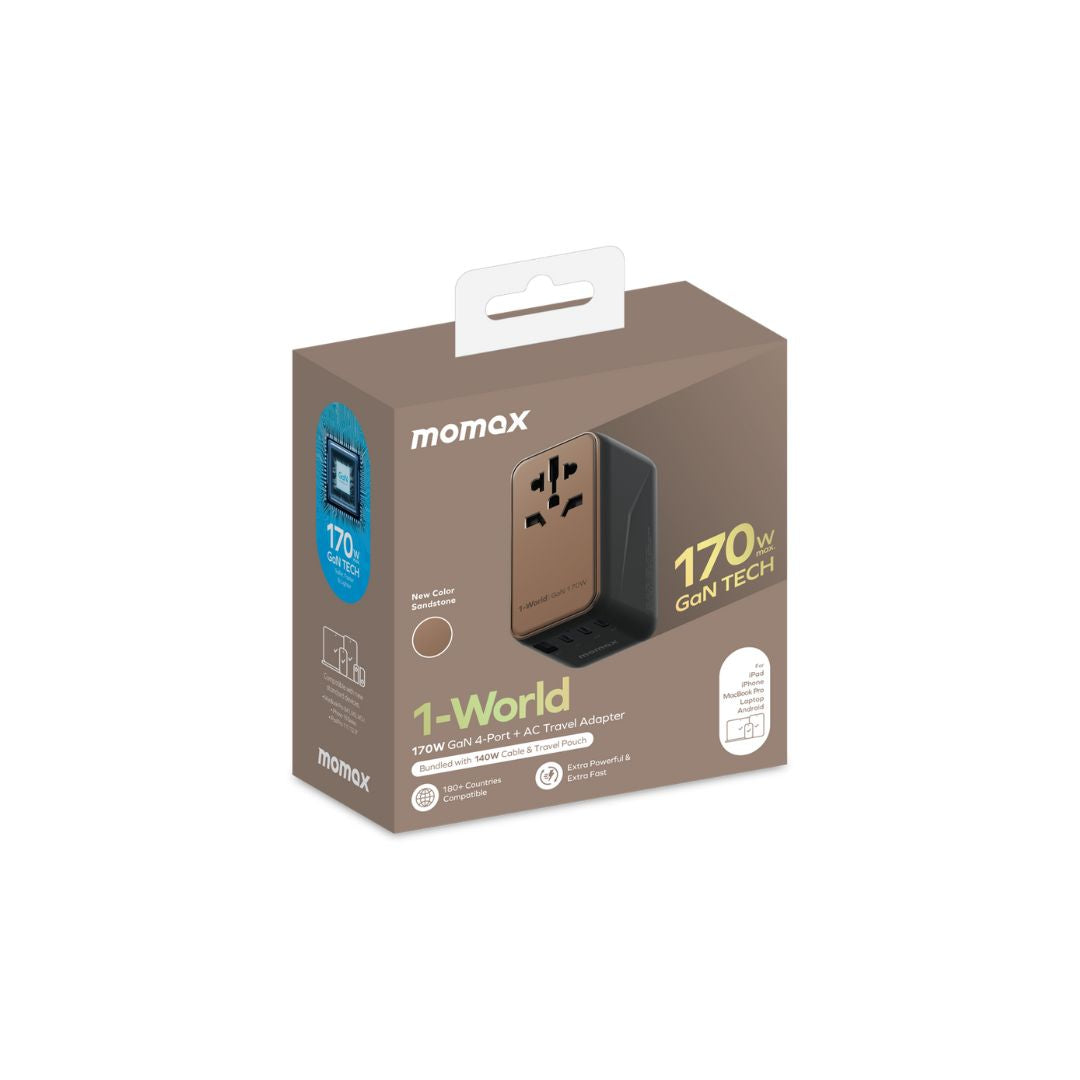 Momax 1-World 4-Port GaN Travel Charger 170W + USB-C Cable - Sandstone