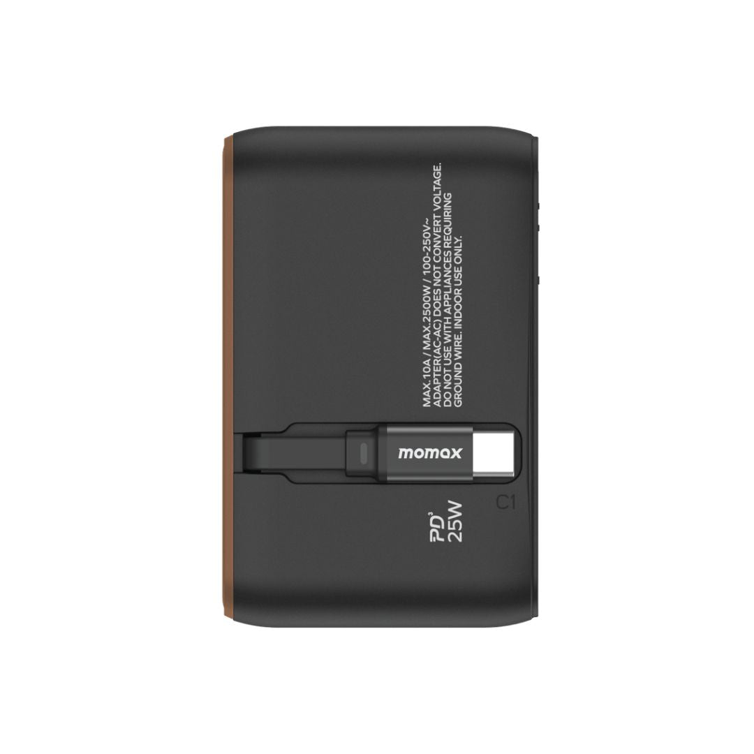 Momax 1-World+ 25W 3-Port Travel Charger Built-In USB-C Cable - Desert Titanium