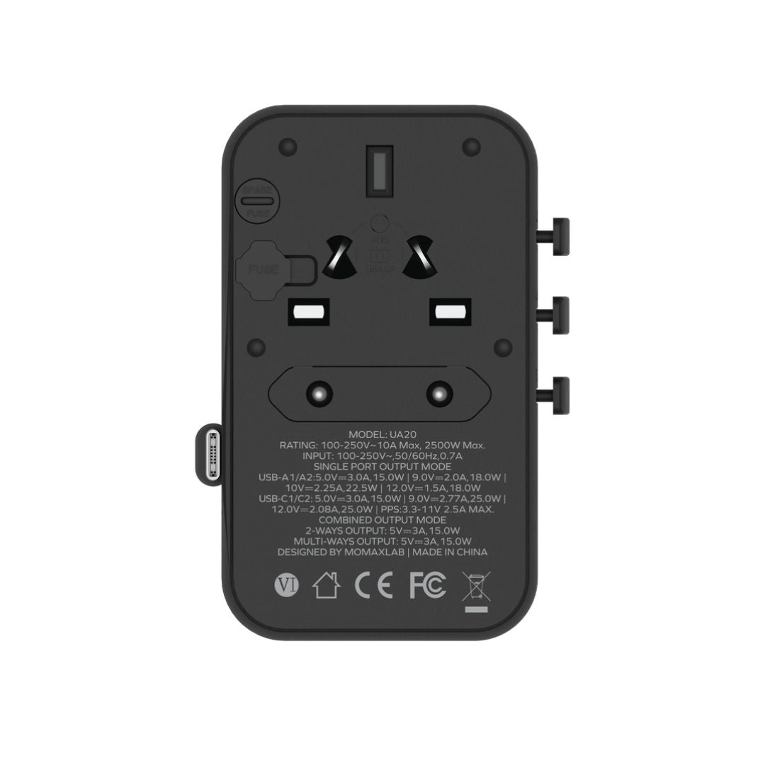 Momax 1-World+ 25W 3-Port Travel Charger Built-In USB-C Cable - Desert Titanium