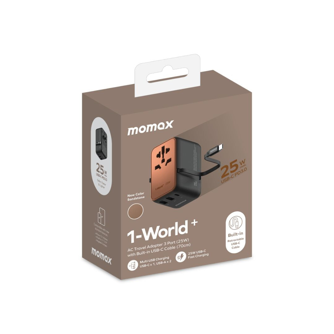 Momax 1-World+ 25W 3-Port Travel Charger Built-In USB-C Cable - Desert Titanium