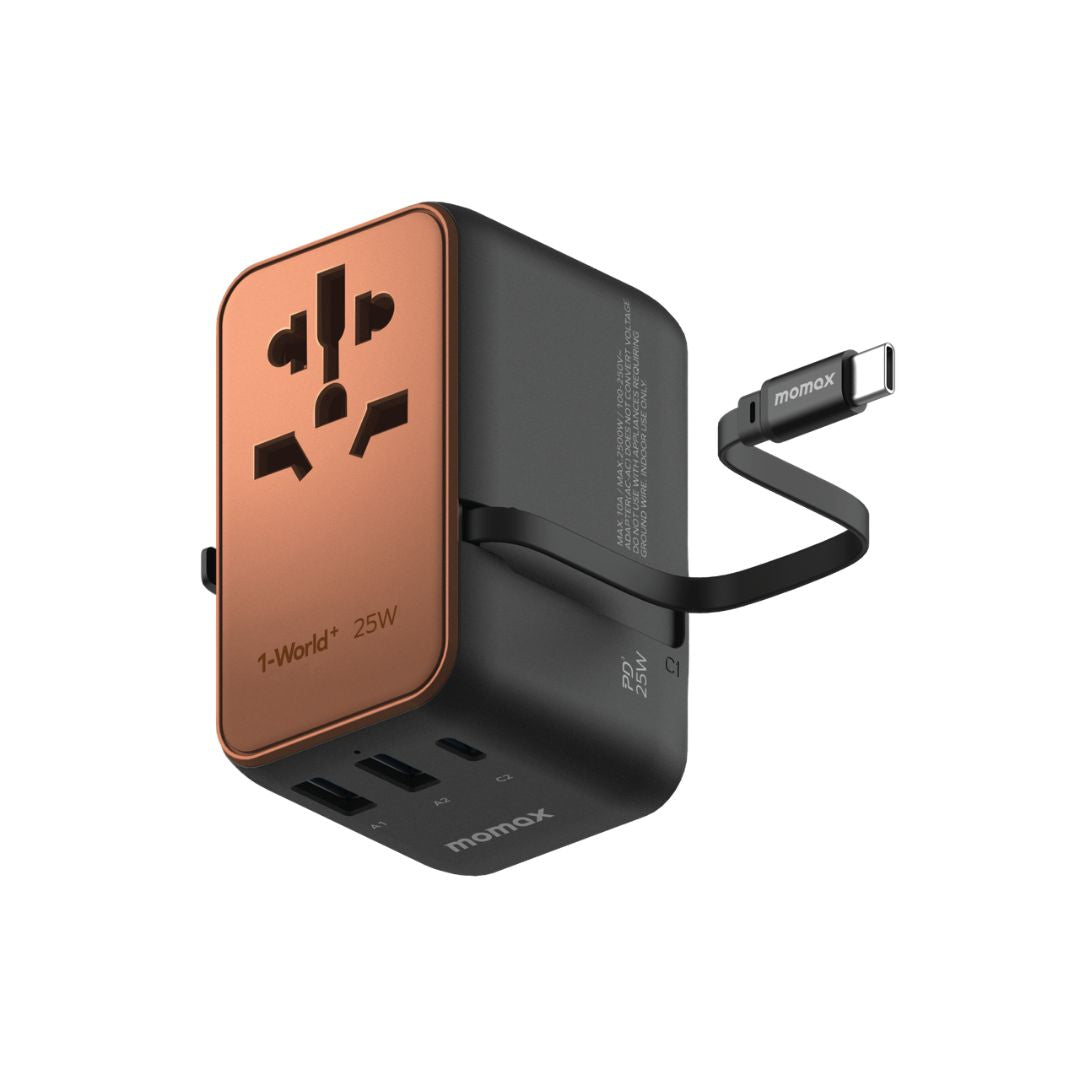 Momax 1-World+ 25W 3-Port Travel Charger Built-In USB-C Cable - Desert Titanium