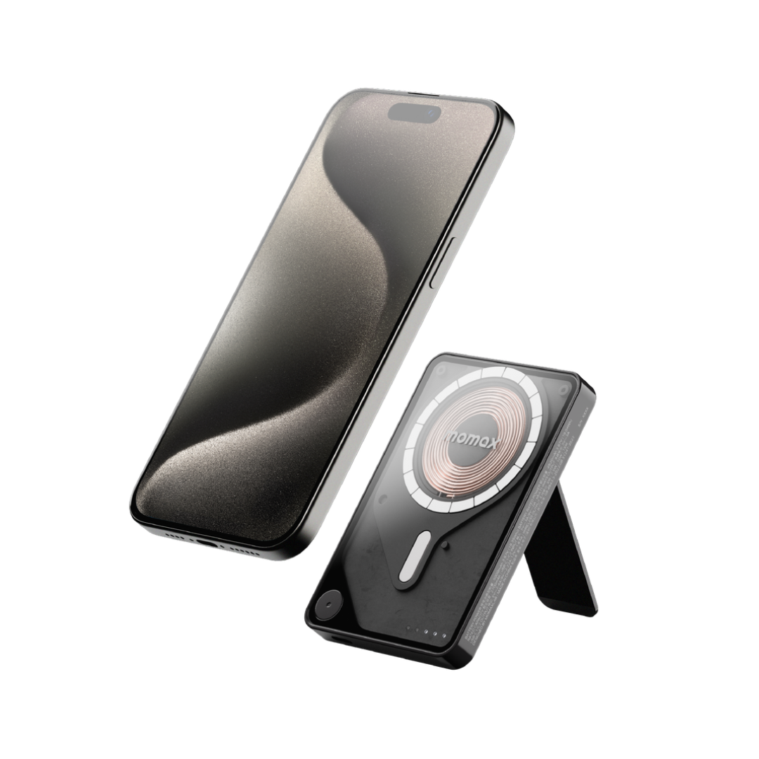 باور بانك لاسلكي مغناطيسي موماكس 1-باور اكس برو بسعة 5000 مللي أمبير/ساعة مع كابل USB-C مدمج - أسود