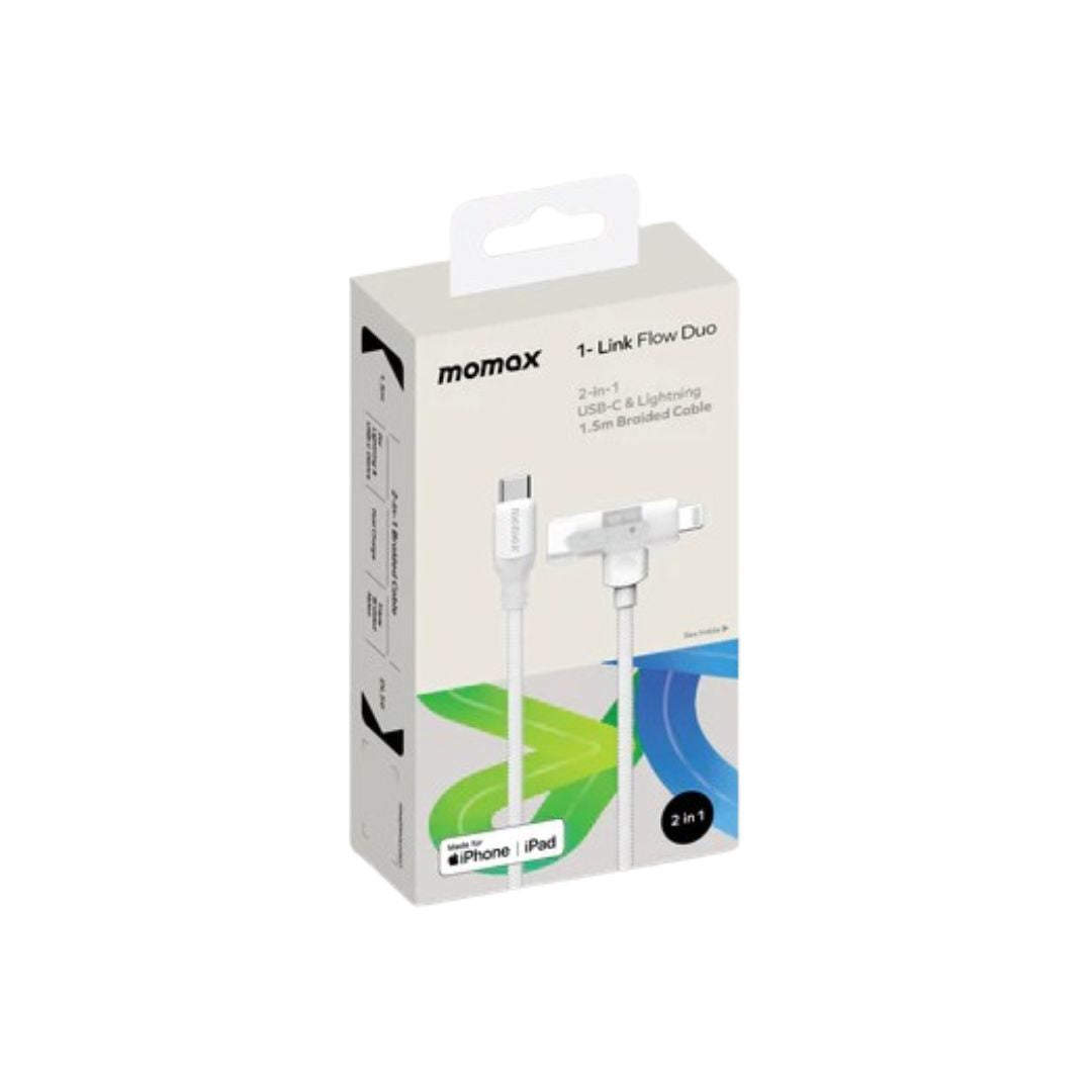 Momax 1-Link Flow Duo 2-in-1 USB-C to Lightning Braided Cable (1.5m) - White