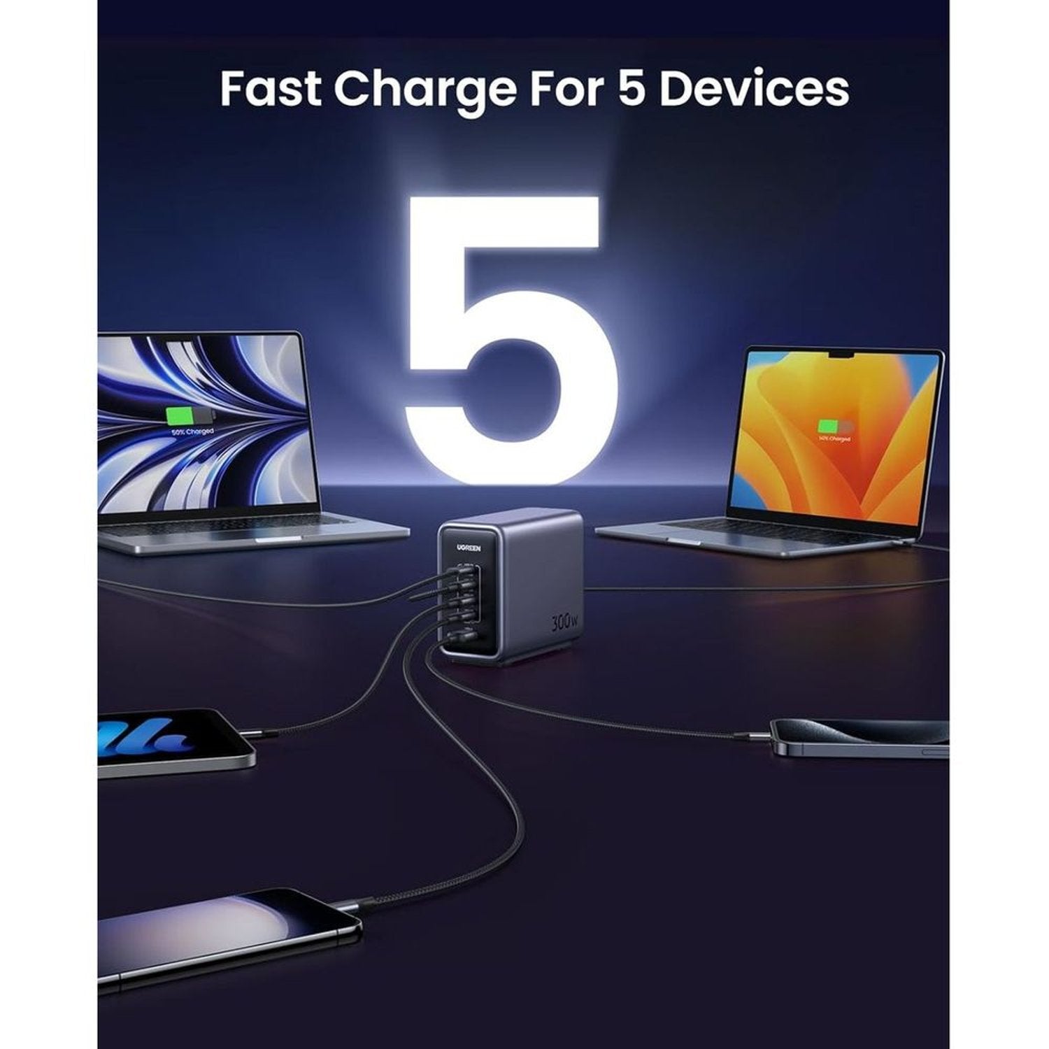 UGREEN 300W USB C Charger, Nexode GaN 5 Ports Desktop Charging Station, 140W Max Single Port PD3.1