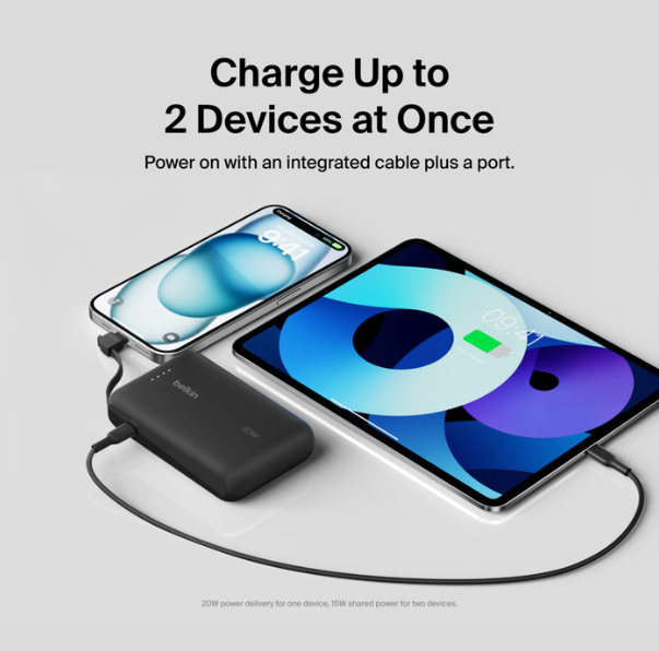 باور بانك بيلكين 10000 مللي أمبير/ساعة مع كابل USB-C مدمج - أسود