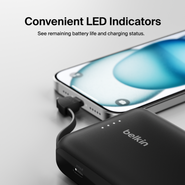 باور بانك بيلكين 10000 مللي أمبير/ساعة مع كابل USB-C مدمج - أسود