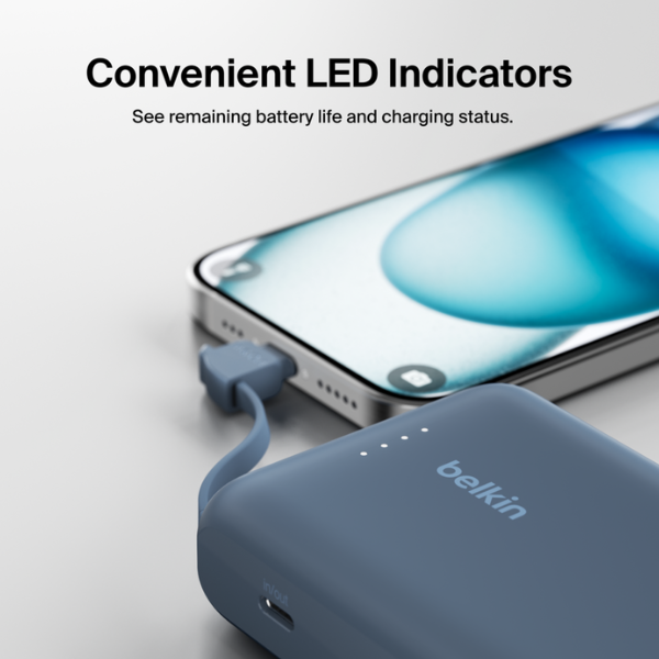 باور بانك بيلكين 10000 مللي أمبير مع كابل USB-C مدمج - أزرق