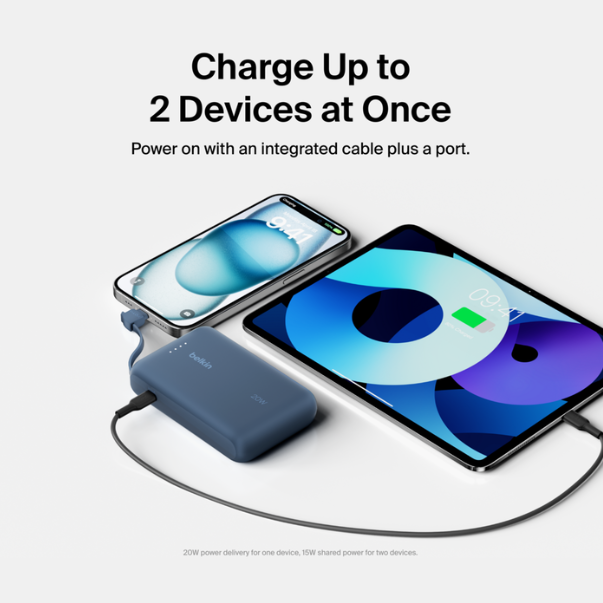 باور بانك بيلكين 10000 مللي أمبير مع كابل USB-C مدمج - أزرق