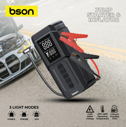 Bson 4-in-1 Jumbo Jump Starter & Inflator, 6000mAh Power Bank, LED Light with 3 Modes, Suitable for Car, SUV, Truck & Motorcycle
