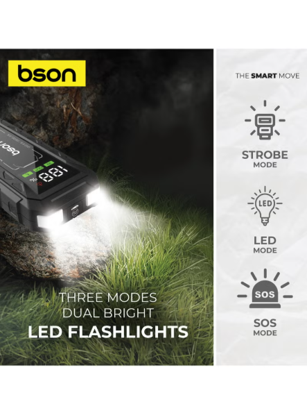 Bson Turbo Kick Jump Starter – 16000mAh, QDSP Quick Start, Up to 8L Gas/Diesel Engines, 3-Mode Dual Brightness LED Light, Power Bank Function