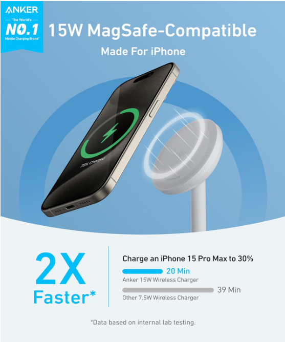 Anker MagGo iPhone 17 MagSafe Charger Compatible Stand, 15W Fast Magnetic Wireless Charging Station, Qi2 Certified 360° Wireless Charger, Magnetic Stand for iPhone 17/16/15/14/13 Series (No Adapter)