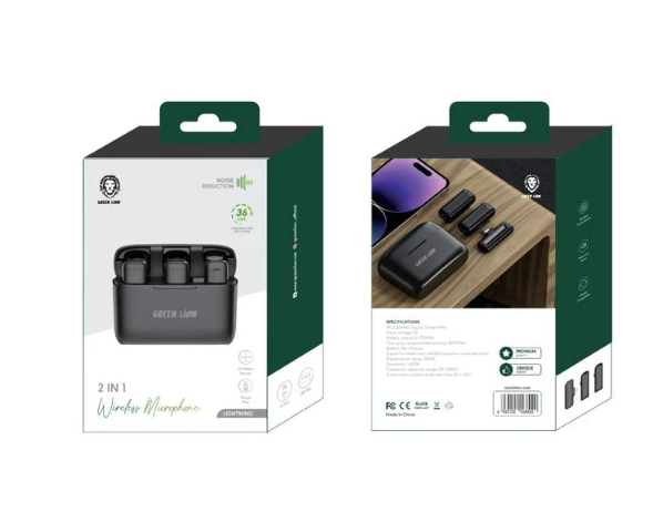 Green Lion 2 in 1 Wireless Microphone with (Lightning Connector) - مايكروفون لاسلكي ٢ في ١ من شركة قرين لايون بمنفذ ايفون