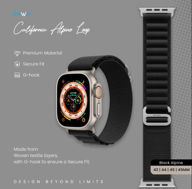 Pawa California Alpine Watch Strap Ultra/Series8 49/45/44/42mm - Black Alpine
